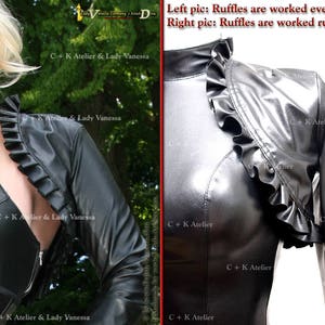 May include: Two close-up images of a black leather jacket with ruffles. The left image shows the ruffles worked evenly, while the right image shows the ruffles worked ruffled. The text "Left pic: Ruffles are worked evenly" and "Right pic: Ruffles are worked ruffled" is visible in the image.
