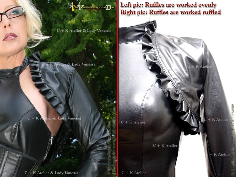 May include: Two close-up images of a black leather jacket with ruffles. The left image shows the ruffles worked evenly, while the right image shows the ruffles worked ruffled. The text "Left pic: Ruffles are worked evenly" and "Right pic: Ruffles are worked ruffled" is visible in the image.