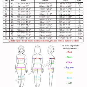 May include: A size chart for clothing with measurements in inches and centimeters. The chart shows the corresponding US and EU sizes for bust, waist, and hip measurements. The chart also includes the size designation for each measurement.