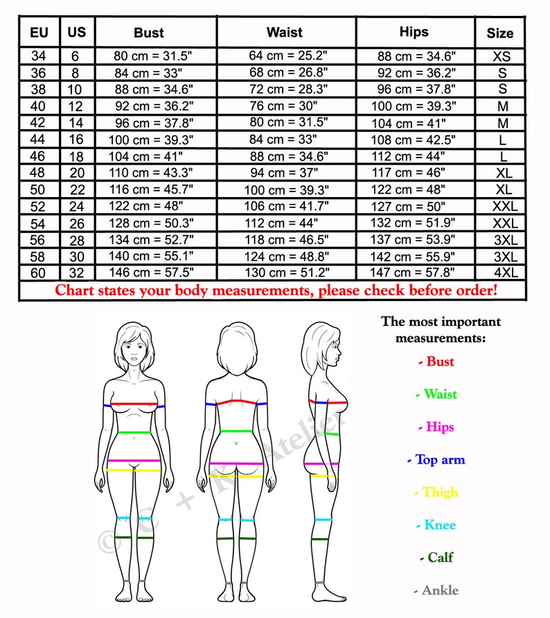 May include: A size chart for clothing with measurements in inches and centimeters. The chart shows the corresponding US and EU sizes for bust, waist, and hip measurements. The chart also includes the size designation for each measurement.