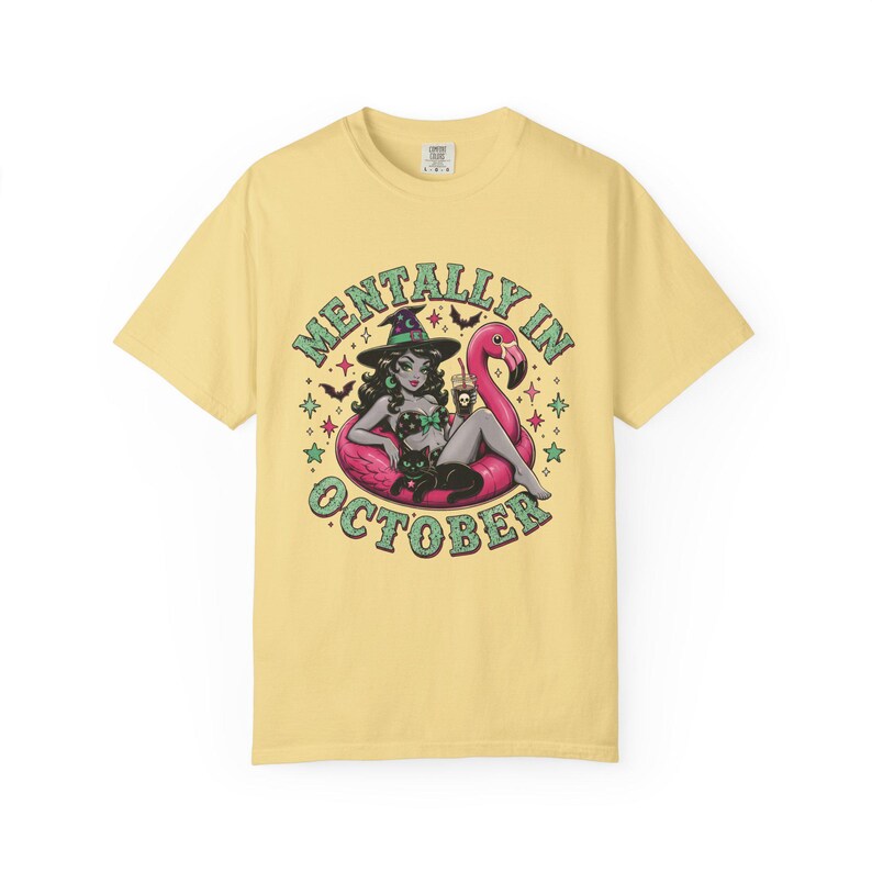 Mentally In October Flamingo Witch Shirt, Summer Halloween Comfort Colors Tee Butter