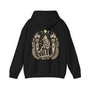 Witch Hoodie Gothic Wolf Hoodie Occult Clothing Linocut Style Dark Graphic Sweatshirt Black