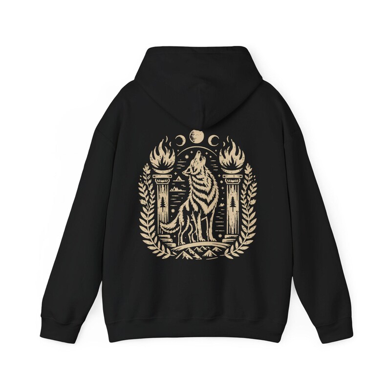 Witch Hoodie Gothic Wolf Hoodie Occult Clothing Linocut Style Dark Graphic Sweatshirt Black