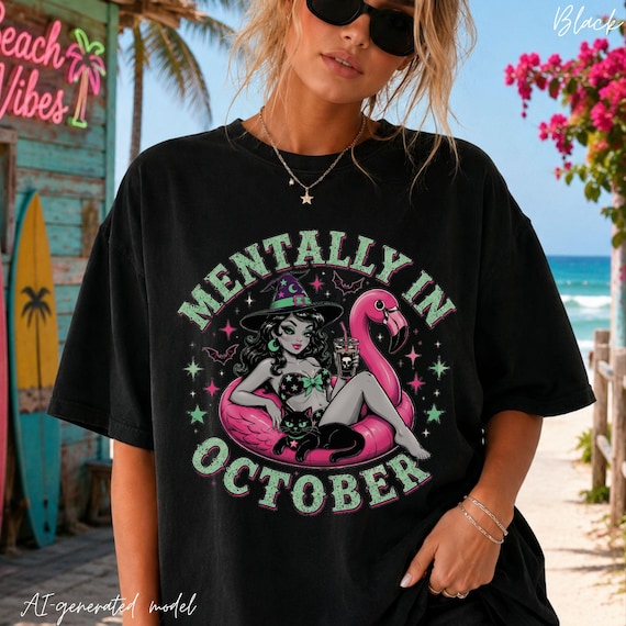 Summerween Shirt, Mentally In October Shirt, Beach Halloween Tee, Pink Flamingo Tee