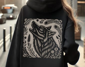 Linocut Wolf Hoodie Wald Mond Sweatshirt Witchy Pullover Triple Moon Top