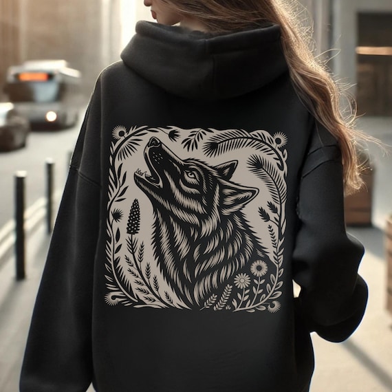 Linocut Wolf Hoodie Forest Moon Sweatshirt Witchy Pullover Triple Moon Top