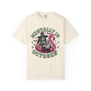 Mentally In October Flamingo Witch Shirt, Summer Halloween Comfort Colors Tee Ivory
