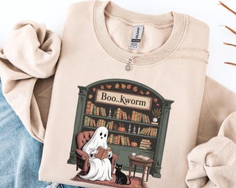 Boo Kworm Sweatshirt: Spooky Ghost Reading, Fall Book Lover Crewneck