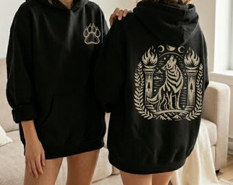 Witch Hoodie Gothic Wolf Hoodie Occult Clothing Linocut Style Dark Graphic Sweatshirt