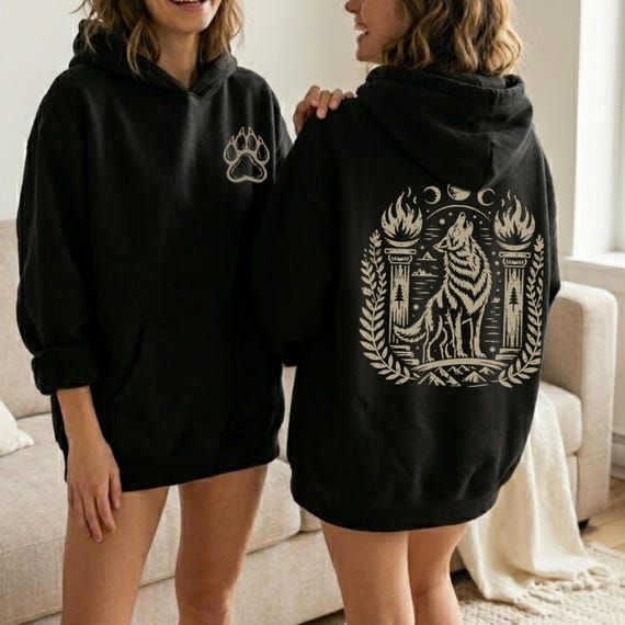 Witch Hoodie Gothic Wolf Hoodie Occult Clothing Linocut Style Dark Graphic Sweatshirt