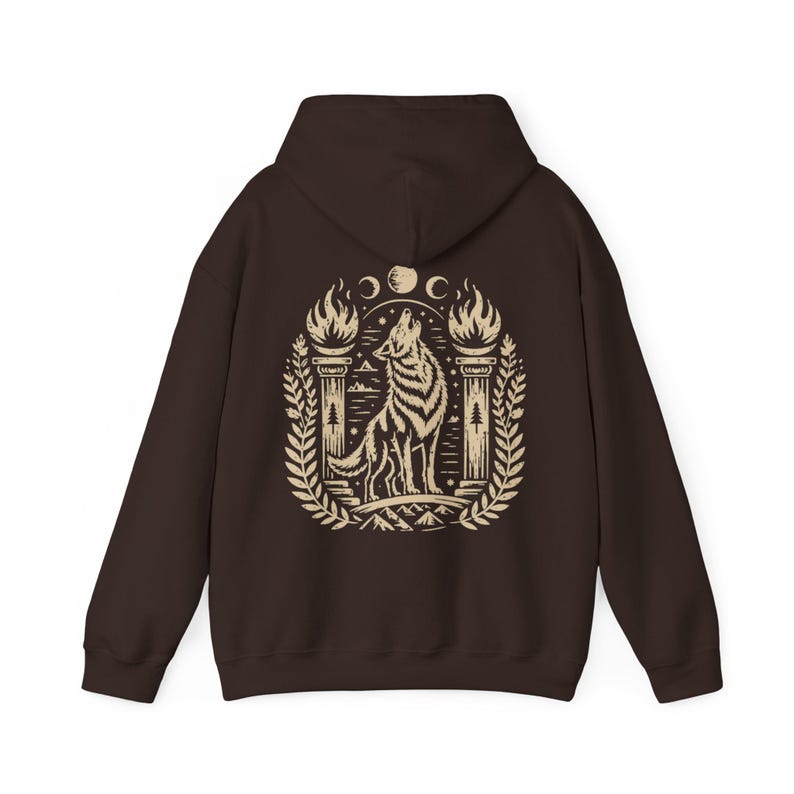 Witch Hoodie Gothic Wolf Hoodie Occult Clothing Linocut Style Dark Graphic Sweatshirt Dark Chocolate
