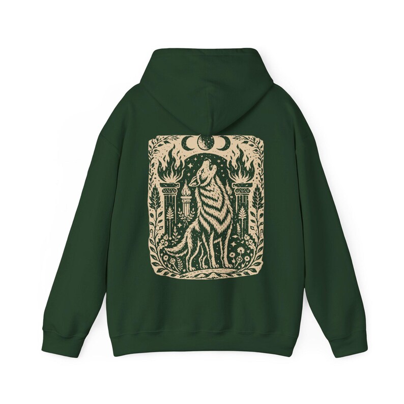 Wolf Witch Hoodie Triple Moon Witchcore Sweatshirt Pagan Apparel for Women Forest Green