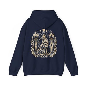 Witch Hoodie Gothic Wolf Hoodie Occult Clothing Linocut Style Dark Graphic Sweatshirt Navy