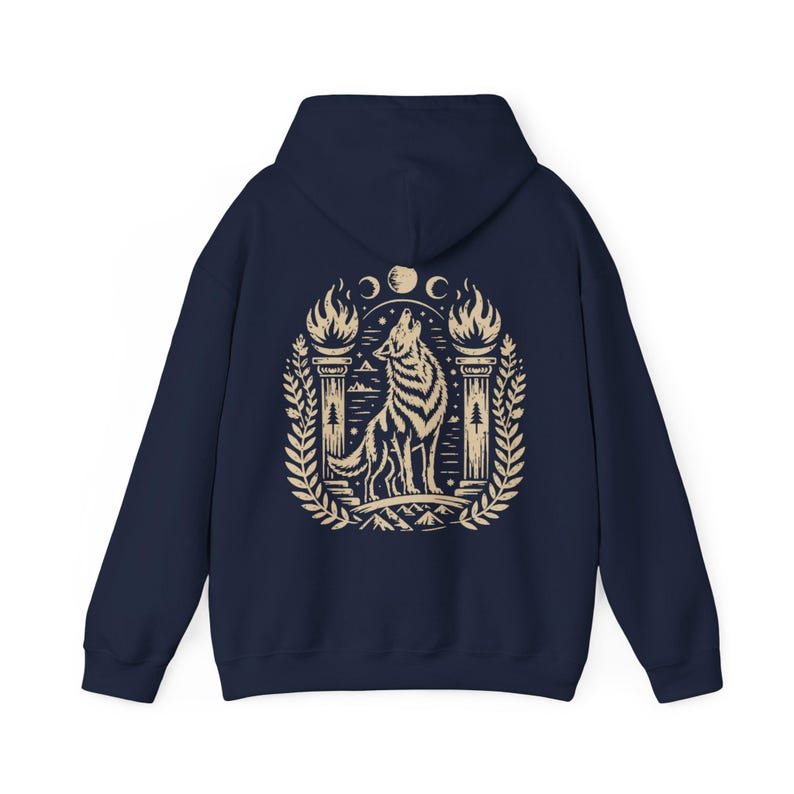 Witch Hoodie Gothic Wolf Hoodie Occult Clothing Linocut Style Dark Graphic Sweatshirt Navy