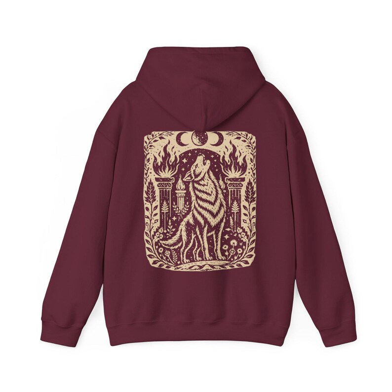 Wolf Witch Hoodie Triple Moon Witchcore Sweatshirt Pagan Apparel for Women Maroon