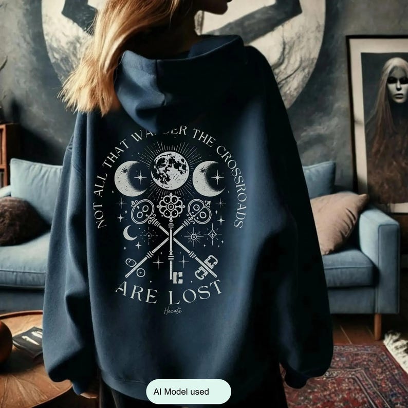 Embrace the power of Hecate with our Crossroads Hoodie. This divine feminine design honors the Moon Goddess and her symbolism of the crossroads, perfect for those who believe 'Not All Who Wander the Crossroads Are Lost