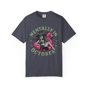 Mentally In October Flamingo Witch Shirt, Summer Halloween Comfort Colors Tee Navy