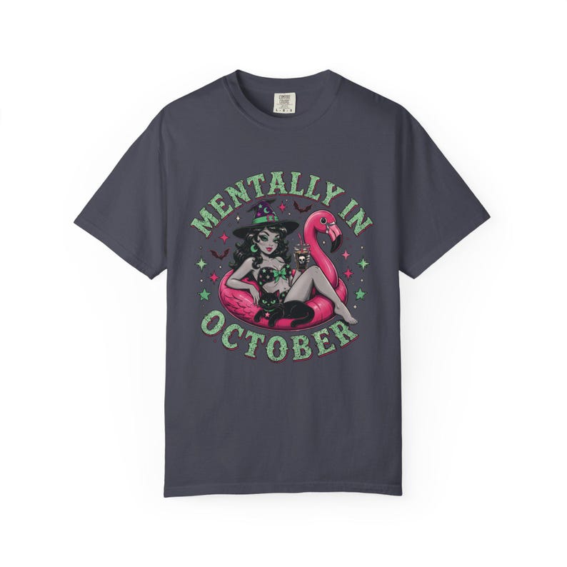 Mentally In October Flamingo Witch Shirt, Summer Halloween Comfort Colors Tee Navy