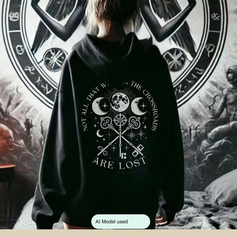 Embrace the power of Hecate with our Crossroads Hoodie. This divine feminine design honors the Moon Goddess and her symbolism of the crossroads, perfect for those who believe 'Not All Who Wander the Crossroads Are Lost