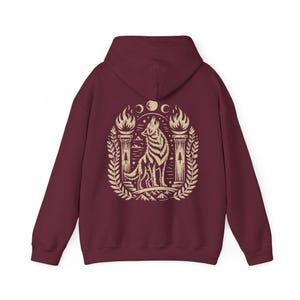 Witch Hoodie Gothic Wolf Hoodie Occult Clothing Linocut Style Dark Graphic Sweatshirt Maroon