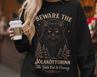 Gothic Yule Cat Sweatshirt with Vintage Folklore Artwork for Witchy Holiday Style