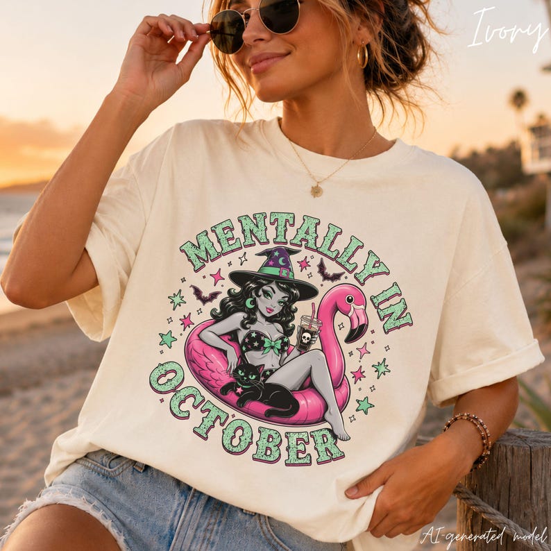 Comfort Colors Halloween graphic tee featuring a retro pink flamingo float illustration with the phrase "Mentally In October." Vintage Summerween shirt designed for spooky season lovers, beach Halloween fans, and autumn enthusiasts with bold retro colors on a relaxed garment-dyed unisex t-shirt.