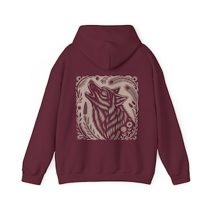 Linocut Wolf Hoodie Forest Moon Sweatshirt Witchy Pullover Triple Moon Top image 7