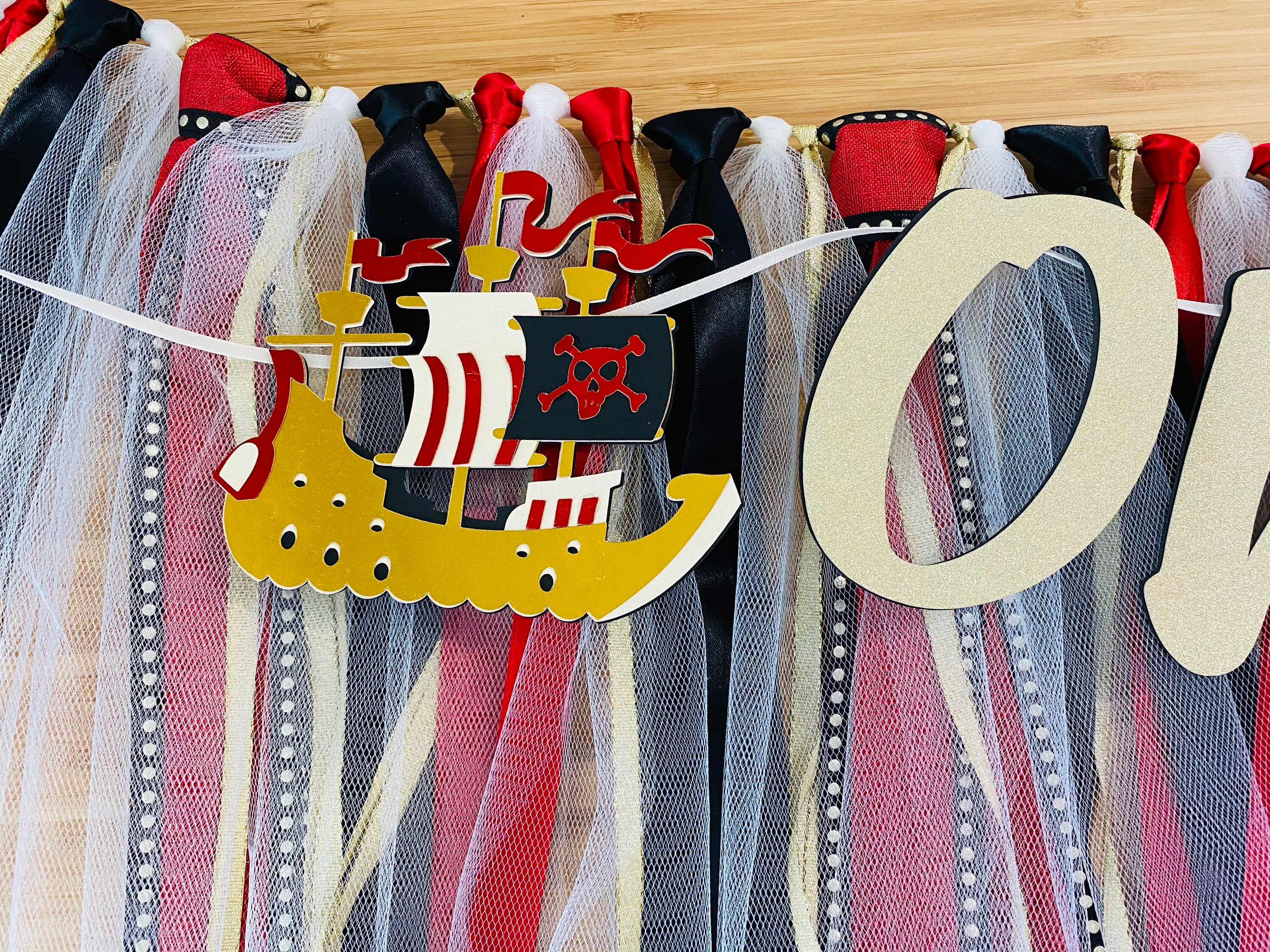 Pirate Ship 1st Birthday High Chair Banner Photo Backdrop Prop I am one Theme Beware of Pirates Sailor Ahoy Matey Cross Bones