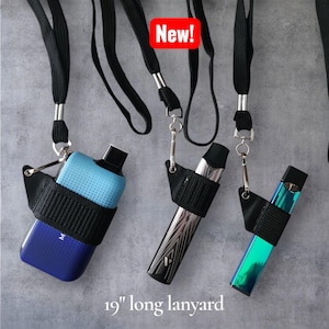 May include: Black lanyard with a holder for a vape device. The lanyard is 19 inches long and features a metal clasp. The image shows three different vape devices in blue, silver, and iridescent colors.