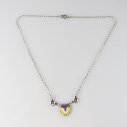 Lovely Edwardian Style Enameled Pansy Flower hotsell Necklace with Fan Accent on Sterling Silver Chain 16 1/8