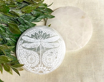 Selenite Engraved Charging Plate (Dragonfly)