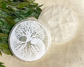 Selenite Engraved Charging Plate (yin-yang tree of life)
