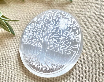 Selenite Engraved Tree Of Life Palm Stone