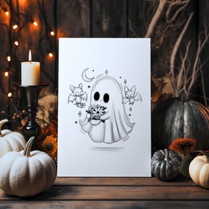 Spooky Little Ghost & Bats A5 Print | Gothic Decor | Spooky Cute Art | Ghost Art