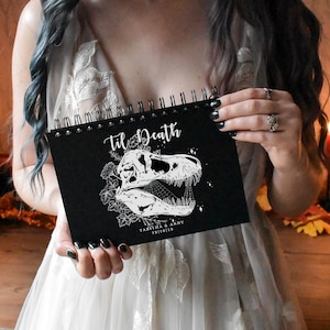 Custom Gothic Til Death T- Rex Dinosaur Skull Wedding Guest Book, Journal, Notebook A5