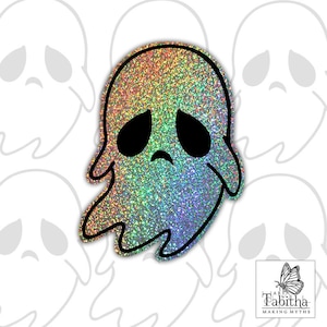 Sparkly holographic cute spooky ghost vinyl decal sticker - rainbow spirit