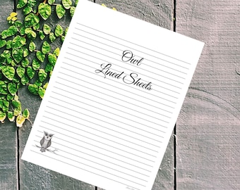 May include: A white sheet of paper with lined paper and the text "Owl Lined Sheets" at the top. A small cartoon owl is at the bottom of the page.
