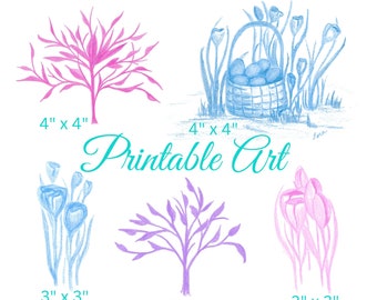 Printable Art. Tulips, Egg Basket, Trees JPG