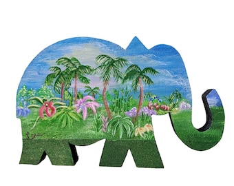Wooden Chunk Elephant Hand Painted Acrylic Jungle Landscape