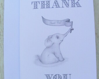 May include: A gray thank you card with a cute cartoon elephant holding a banner that says "Thank You!" The text "THANK YOU" is in a decorative font.