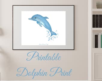Blauer Delphin Aquarell Druck: Strand Wandbild (Digitaler Download)