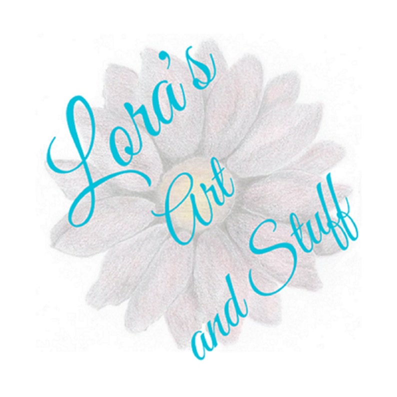 May include: A white daisy with a blue cursive text overlay that reads "Lora's Art and Stuff"