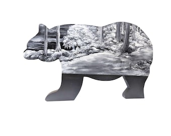 Wooden Chunk Bear Hand Painted Acrylic Landscape