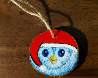 One-of-a-Kind Hand-Painted Owl Christmas Ornament – Rustic Pine Wood Slice Ornament