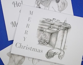 Hand-Drawn Christmas Greeting Cards: Santa, Fireplace, Dog - Art