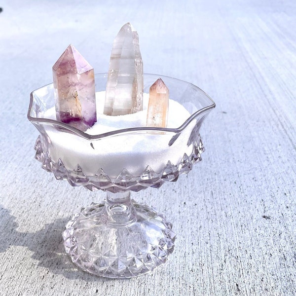 Vintage Diamond Point Glass Chalice Vessel Pedestal Bowl Ruffled Rim Pink Tint