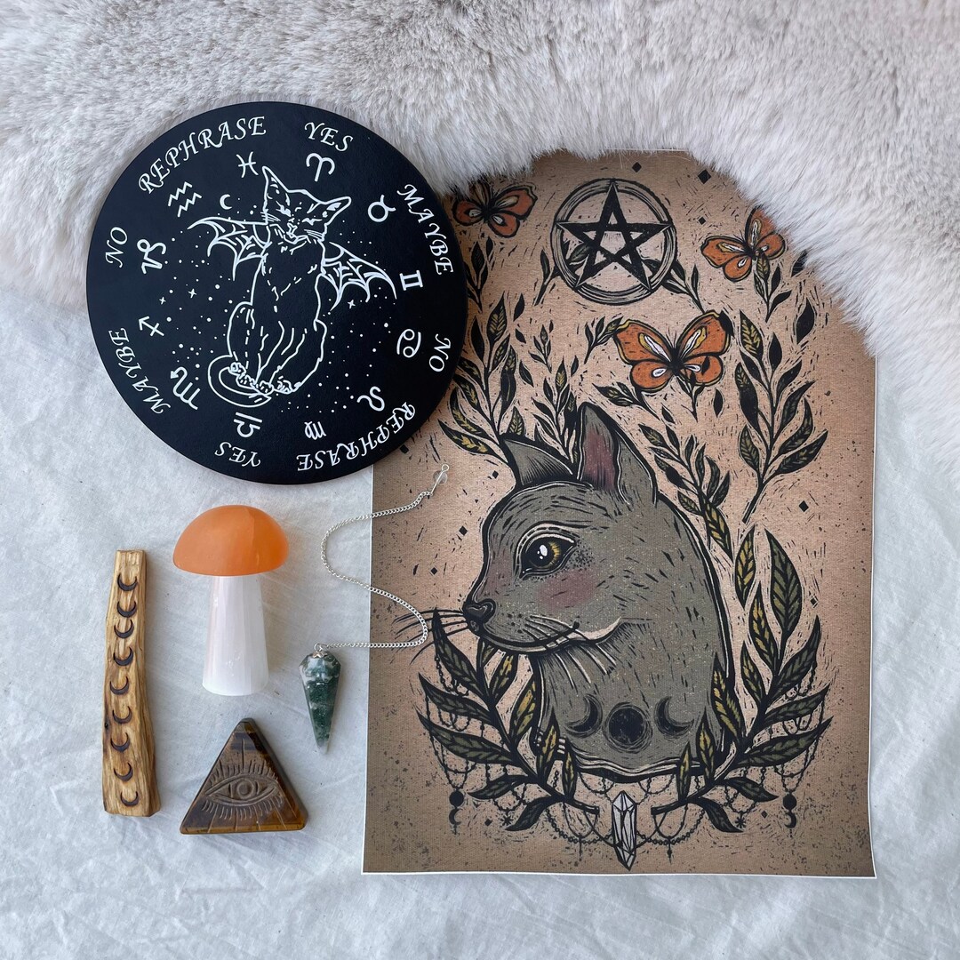 Cat Art Crystal Dowsing Divination Kit Black Cat Wall Art Etsy