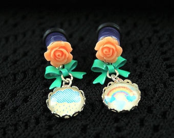 Pretty rainbow and flower plugs gauges 8mm 0G stretched ears dangles