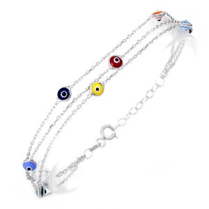 925 Sterling Silver Multi Colored Evil Eye Tri Link Bracelet