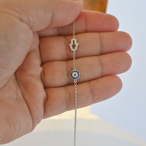 925 Sterling Silver Micro Pave Round Evil Eye & Hamsa/Hand of Fatima Bracelet